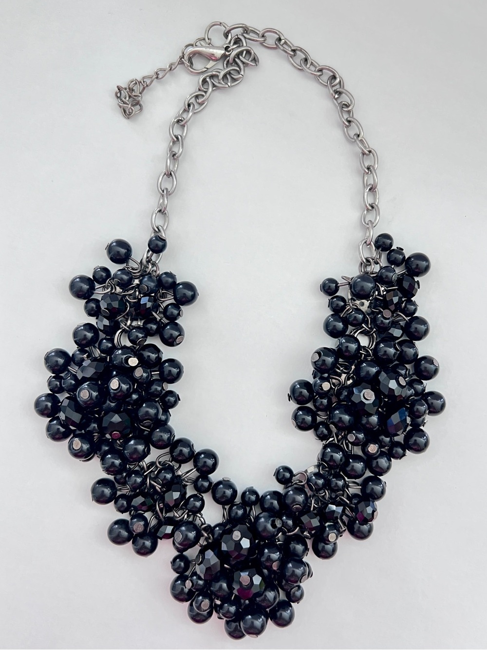 Black Cha-Cha Cluster Statement Bib Necklace Silver Tone Faceted Beads